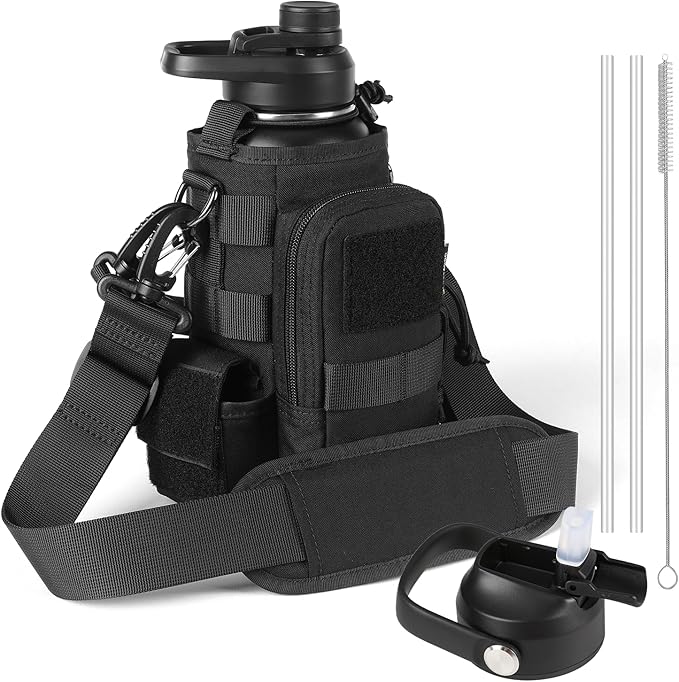 32 Oz Insulated Water Bottle - Stainless Steel Tactical Flask With Straw Lid & Chug Cap, Metal Military Water Bottle With Rugged, Removable Sleeve Can Place Items for Hiking Camping Hunting