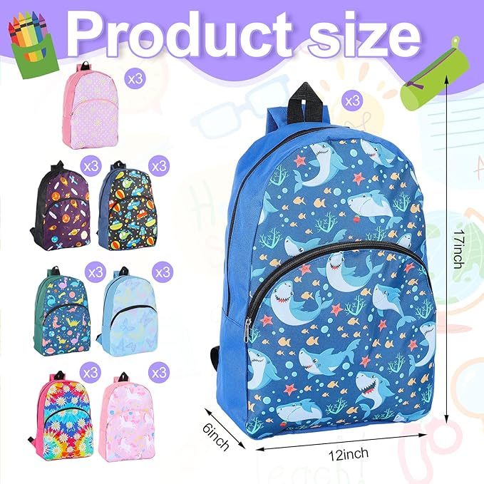 12 Pack School Backpack Bulk 15'', Assorted Printed Bookbags for Boys Girls, Donations Supplies (Fun)