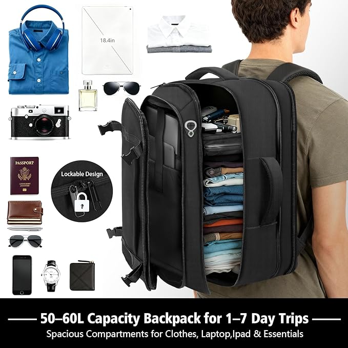 Roomy Carry On Backpack, Expandable Large Capacity Travel Backpack 1-7 Days with LifetimeWarranty,Fits18.4" Laptop,Water Resistant Anti Theft Carry on Laptop Backpack for Men Women,Flight Travel,Black