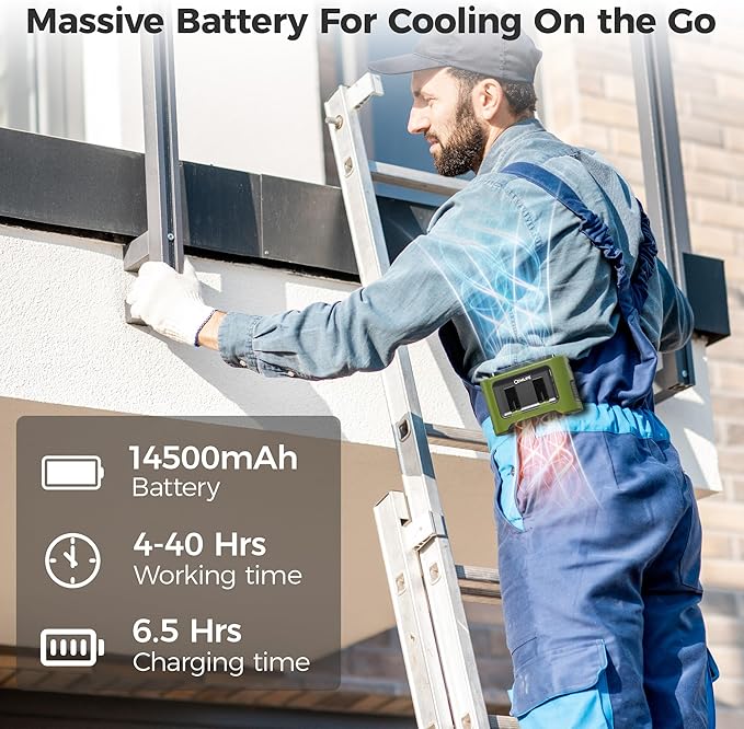 14500mAh Portable Waist Fan Clip On Belt- Rechargeable Battery Operated,Max 40H Cooling,5 Speed 14600RPM,Dual Air Vent, Hands-free Shirt Neck Fan With Light for Outdoor Jobsite Camping Traveling