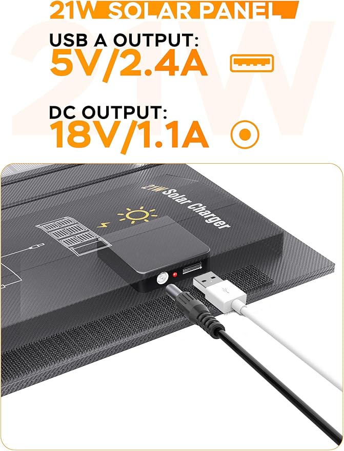 MARBERO 21W Portable Solar Panel Foldable Solar Panel Charger IP65 Waterproof Solar Panels 23% High Efficiency Fast Charger USB Ports & DC 18V Output for Camping Outdoor Travel Emergency Cloudy