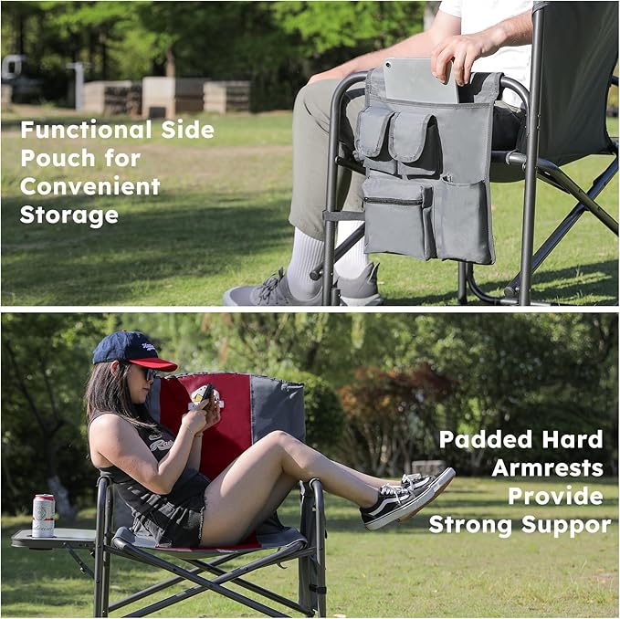 Colegence Oversized Directors Camping Chair Set of 2 Support 600 LBS, Heavy Duty Folding Outdoor Chairs with Detachable Side Pocket and Adjustable Side Table for Outside Beach,Lawn,Fishing (Red)