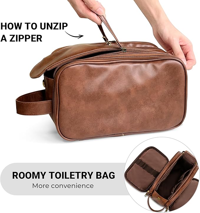 Elviros Toiletry Bag for Men, Large Travel Shaving Dopp Kit Water-resistant Bathroom Toiletries Organizer PU Leather Cosmetic Bags Fathers Day Gift (Medium, Dark Brown)