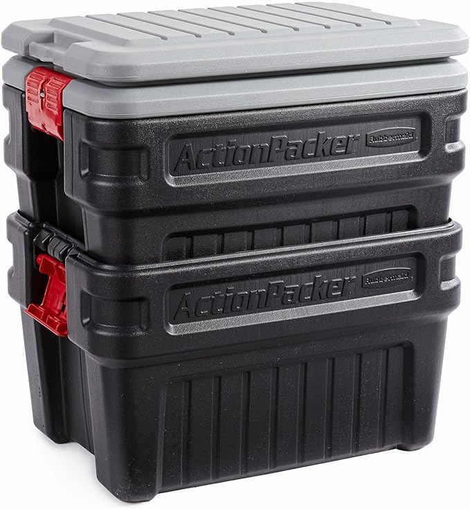 Rubbermaid ActionPacker️ 24 Gal Lockable Storage Box Pack of 2, Outdoor, Industrial, Rugged, Grey and Black