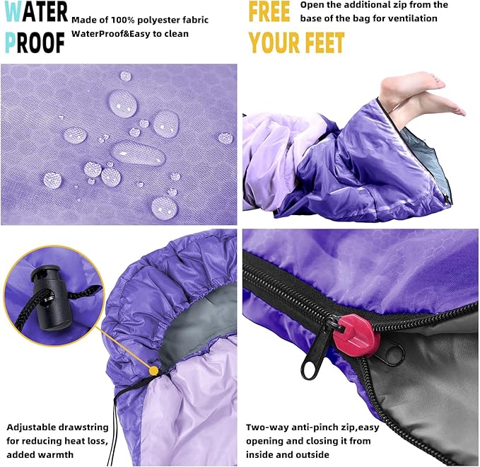 Sleeping Bag for Adults, Girls, Boys - 3 Season Warm & Cool Weather Lightweight Waterproof Camping Bag for Hiking, Outdoor Travel