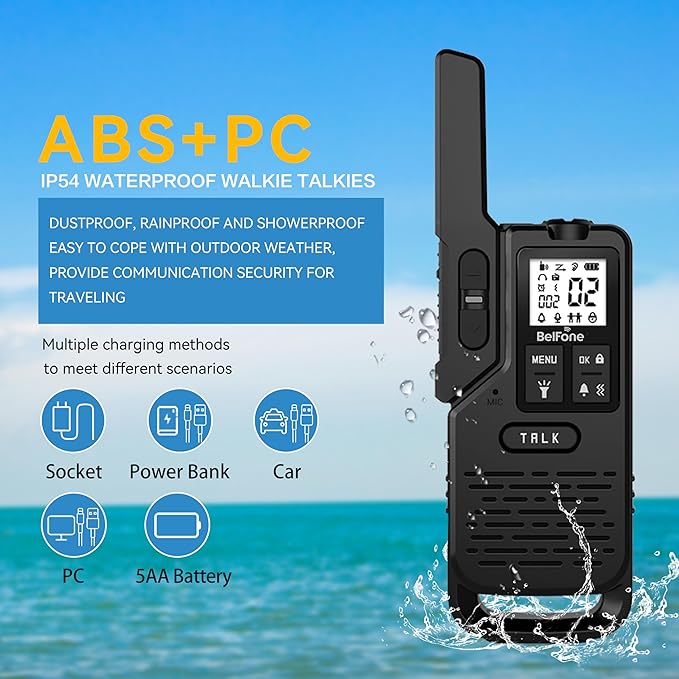 One BelFone Long Range Walkie Talkie,20 Channels Professional Two Way Radio,IP54 Waterproof Walkie Talkies for Adults,with Flashlight, Stopwatch,Compass,Radio and SOS Sire,Support VOX Function