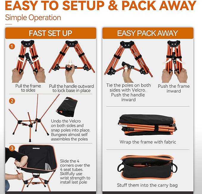 MARCHWAY Lightweight Folding Camping Chair with Spring Lock, Stable Compact Portable for Outdoor Camp, Travel, Beach, Picnic, Festival, Hiking, Backpacking (Lowback Orange)