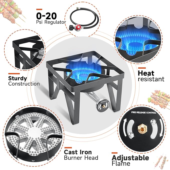 Propane Burner, 200,000 BTU High Pressure Gas Stove with 0-20 PSI Regulator, Portable Camping Stove Outdoor Propane Stove for Camping, Turkey Fry, Backyard, Outdoor Cooking