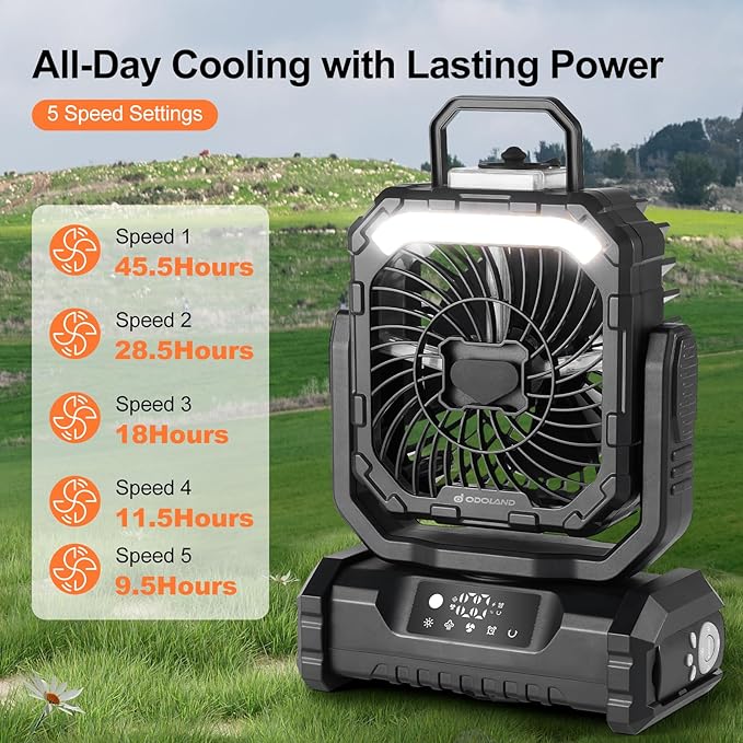 Odoland Portable Misting Fan with Light, 30000mAh Rechargeable Battery Camping Fan with 2 Spray Mister, Outdoors Tent Ventilador with Remote and Hook for Indoor Cooling Hiking Patio, Black