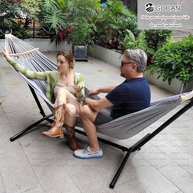 Double Hammock 2 Person Large 220x150cm with Steel Stand and Removable Spreader bar Load 500lb, Canvas Cotton Hammocks for Patio Porch Garden Backyard Outdoor and Indoor