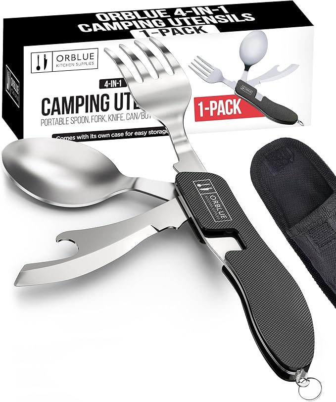 Orblue 4-in-1 Camping Utensils, 1-Pack, Portable Stainless Steel Spoon, Fork, Knife & Bottle Opener Combo Set - Travel, Backpacking Cutlery Multitool, Black