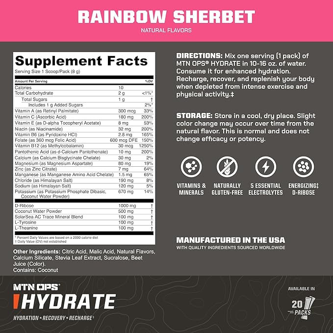 MTN OPS Hydrate Electrolytes Powder Drink Mix, 20 Single Serving On-The-Go Electrolyte Packs with Over 1000mg of Electrolytes per Serving, Rainbow Sherbet