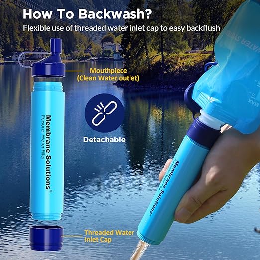 Membrane Solutions Squeezable Water Filtration System, Survival Water Purifier Kit, Portable Backpacking Gear Including Water Filter Straw and 23oz Collapsible Bottle for Hiking Camping Travel(1+2)