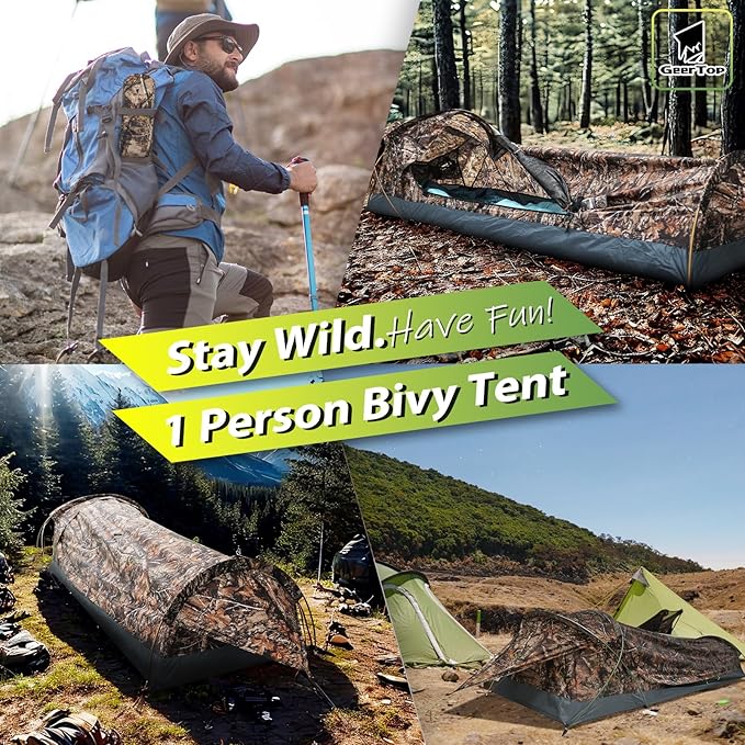 GEERTOP Ultralight Single Person Bivy Tent for Camp Waterproof 1 Man Tent for Camping Hiking Backpacking Hunting Outdoor Survival Gear - Easy Set Up