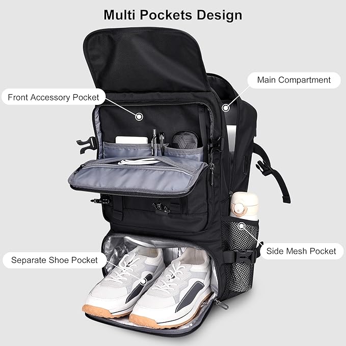 PIJUSHI Travel Backpack for Women Men Carry on Luggage Backpack Flight Approved Convertible Duffle Bag Fit 16 Inch Laptop(PE037 Black)