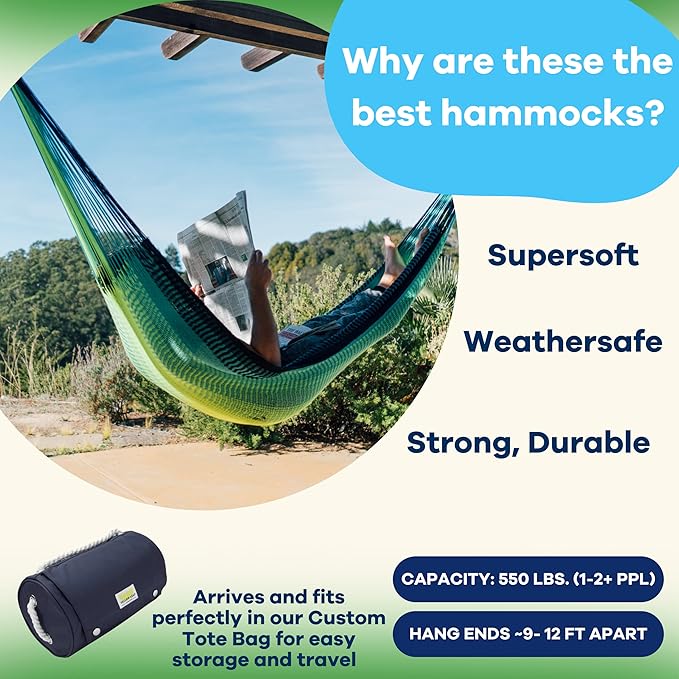 Handwoven Hammock by Yellow Leaf Hammocks - Family Size, Fits 2+ PPL, 550lb max - Weathersafe, Super Strong, Easy to Hang, Ultra Soft, Artisan Made - Color: Neon - Blue - Turquoise