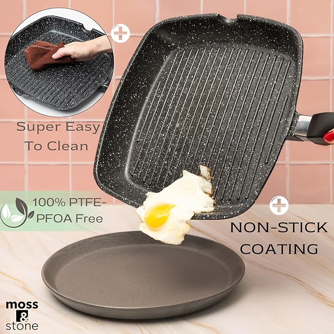 Moss & Stone Aluminum Nonstick Grill Pan for Stove Tops, Versatile Griddle Skillet with Pour Spouts, 11 Inch Square Grill Pan Big Cooking Surface, Durable Skillet For Indoor Cooking & Outdoor Grilling