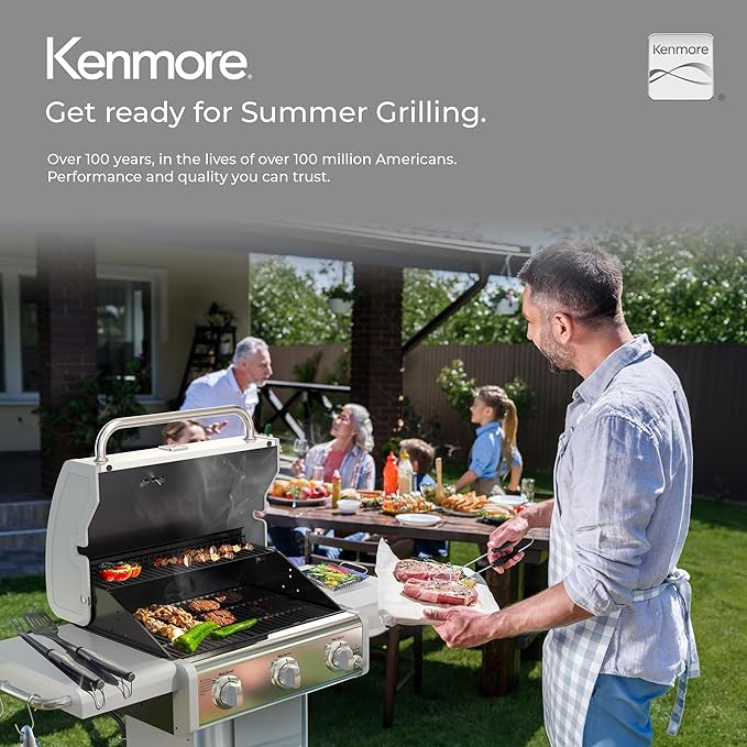 Kenmore 3-Burner Outdoor BBQ Grill | Liquid Propane Barbecue Gas Grill with Folding Sides, PG-A4030400LD-PE, Pedestal Grill with Wheels, 30000 BTU, Pearl White