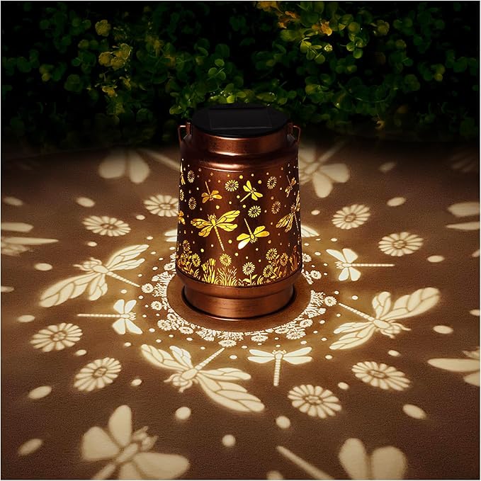 2 Pack Dragonfly Solar Lanterns Outdoor Waterproof Rose Garden Decor Gifts for Women Mom Grandma Hanging Solar Lights Metal Lantern Decoration Outside for Yard,Patio,Backyard,Porch
