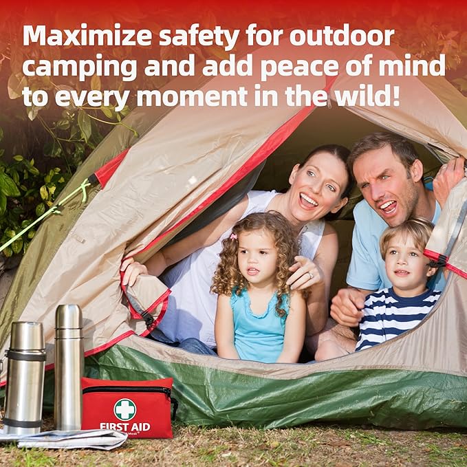 General Medi Mini First Aid Kit, 110 Piece Small First Aid Kit - Includes Emergency Foil Blanket, Scissors for Travel, Home, Office, Vehicle, Camping, Workplace & Outdoor (Red)