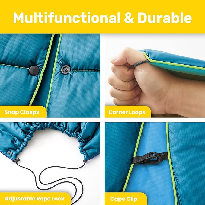 UNIKOME Outdoor Packable Camping Blanket, Lightweight Travel Blanket, Dual-Sides Waterproof Puffy Down Alternative Blanket with Snap Clasps, 75"×52", Lake Blue&Sky Blue