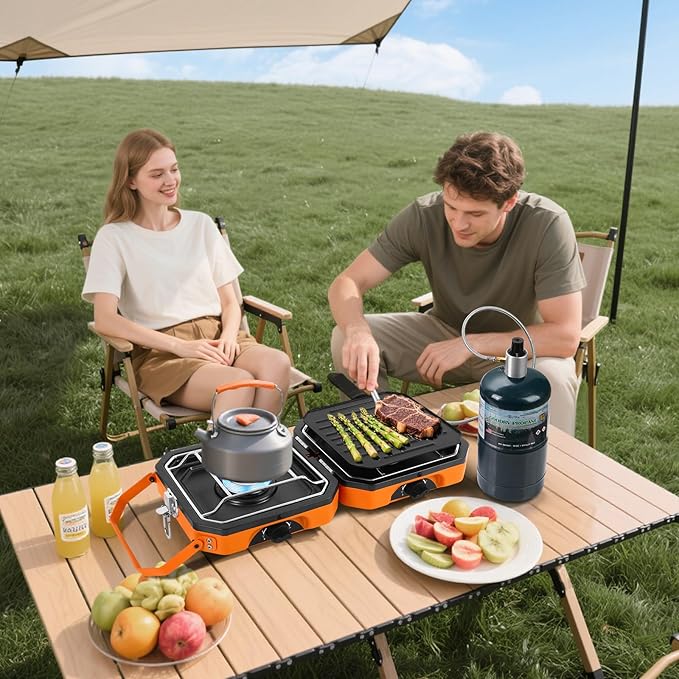 Adjustable 2-Burner Portable Stove with 16000 BTU, with Camping Grill and Carrying Bag, Portable Propane Camp Stove with 2 Burners & Piezo Ignition for Camping, Backyard BBQ,Tailgating (Orange)