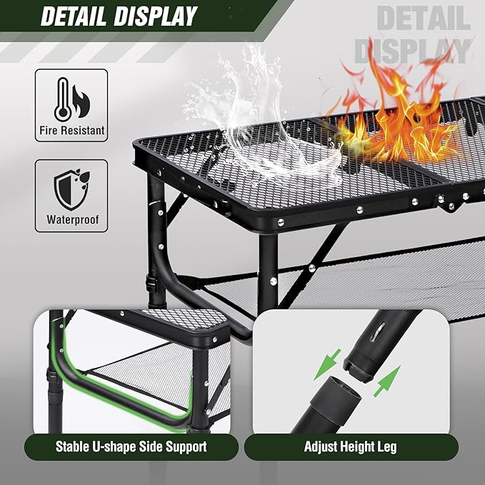 REDCAMP Small Triple fold Folding Grill Table for Outside, 3 Heights Adjustable Lightweight Portable Metal Aluminum Frame Outdoor Table for Camping Picnic Cooking BBQ, Black, 34x16 inches