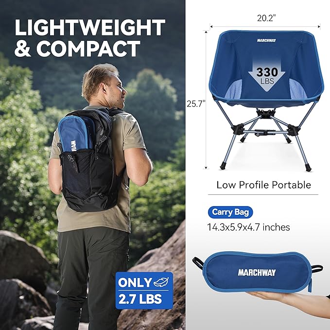 MARCHWAY Lightweight Folding Camping Chair with Spring Lock, Stable Compact Portable for Outdoor Camp, Travel, Beach, Picnic, Festival, Hiking, Backpacking (Lowback Dark Blue)