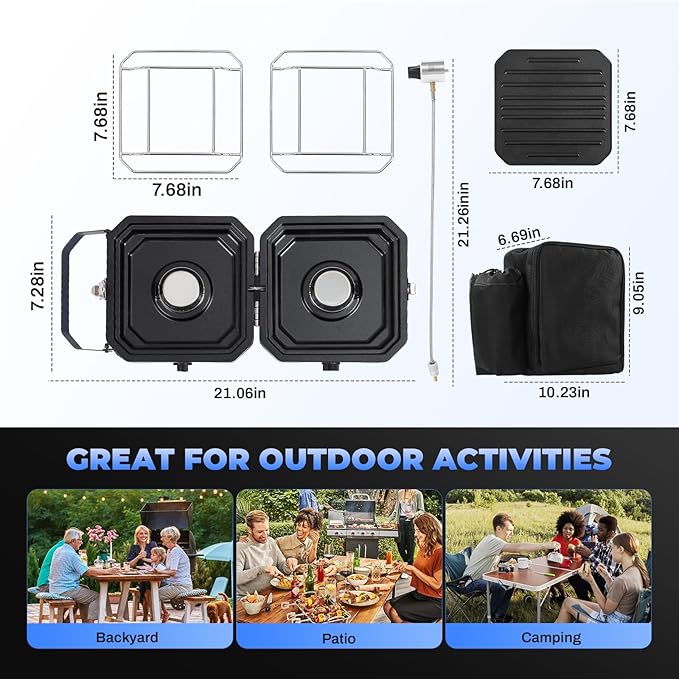 Adjustable 2 Burner Portable Camping Stove Propane (16000 BTU) with Camping Grill and Carrying Bag, Folding Propane Stove,Gas Camping Stove with Piezo Ignition for Camping, Backyard BBQ, Black