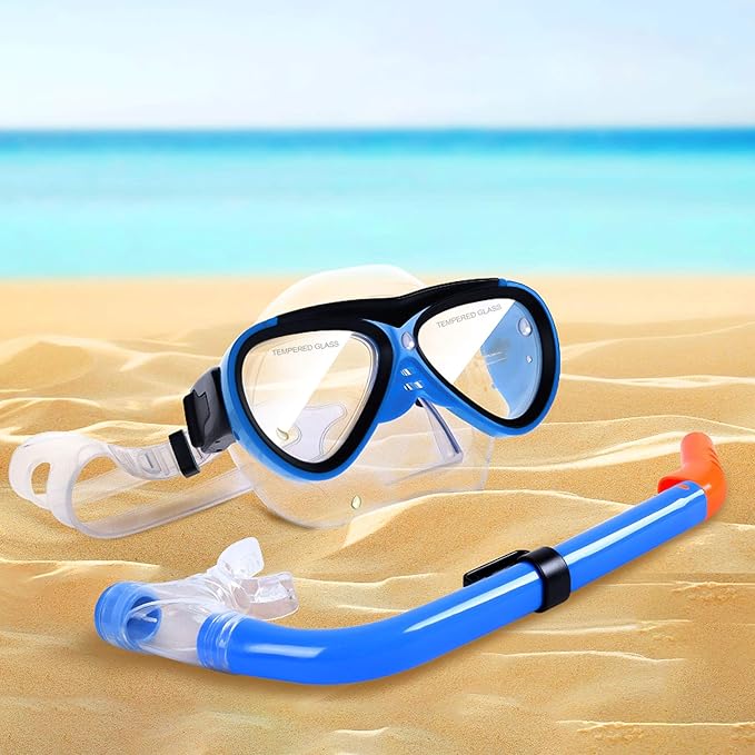 GreenLF Kids Snorkel Set, Anti-Fog Snorkeling Mask with Nose Covers for Youth Junior Child, Boys & Girls Age 5-12, Semi-Dry Diving Scuba Swimming Goggles Gear Packages