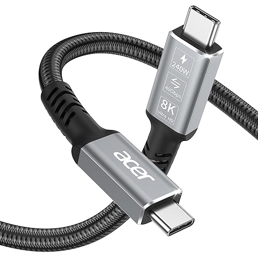 acer USB4 Cable 40Gbps, 8K@60Hz USB-C Video Cable, 240W Fast Charging Thunderbolt 4/3 Braided High Speed Cable Compatible with MacBook, SSD, Docking, iPhone 16 and More (6.6FT)