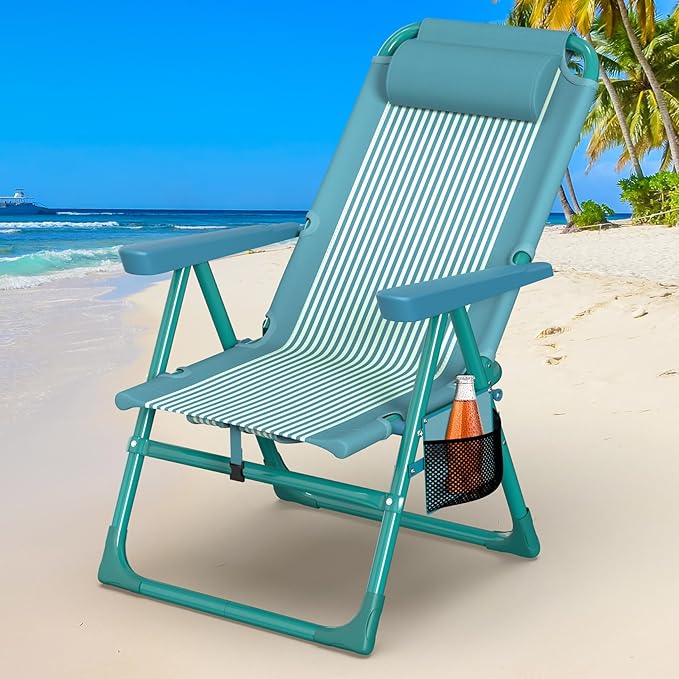 Suteck Backpack Beach Chair for Adults - 6-Position Folding Reclining Chair with Cooler Bag & Cup Holder, Lightweight Portable Beach Chair for Camping, Outdoor, Sand, Travel Use