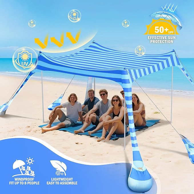 2PM SPORTS Beach Tent Canopy with UPF50+ UV Protection, Outdoor Large Beach Sun Shade Shelter for Family Picnic Camping Travel Shore Fishing, 8 Sandbags, Sand Shovel (Striped Blue, 8x8 FT)