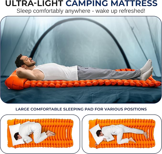 SereneLife Camping Mattress, 2.7" Backpacking Inflatable Air Mattress for Camping, Waterproof Lightweight Sleeping Mat with Carry Bag, Tear-Resistant Nylon for Hiking, Travel, Outdoor, Orange