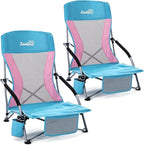 Lamberia Folding Beach Chair for Adults 2 Pack, Portable Low Beach Chairs with 300lbs Capacity, Lightweight Fodable Camping Chair for Travel, Picnic, Concert & Outdoor Activities, Blue-Pink