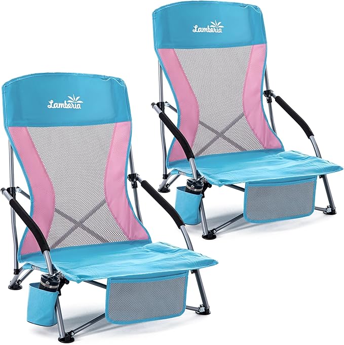 Lamberia Folding Beach Chair for Adults 2 Pack, Portable Low Beach Chairs with 300lbs Capacity, Lightweight Fodable Camping Chair for Travel, Picnic, Concert & Outdoor Activities, Blue-Pink