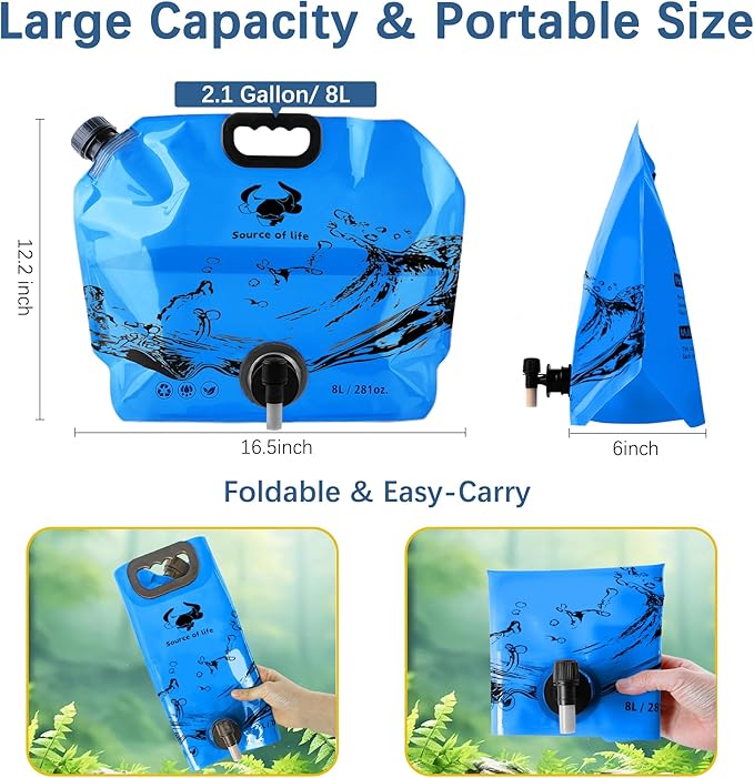 Camping Water Jug 2.1 Gallon CollapsibleWater Container Portable Water Bag for TravelOutdoor Hiking BPA Free Lightweight (Blue (2.1 Gal), 1)