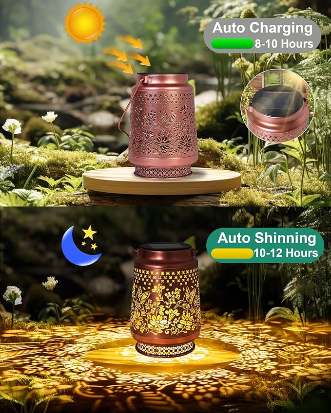 Hummingbird Solar Lanterns Outdoor Waterproof, Garden Decor Birthday Gifts for Women Mom Grandma Sister, Metal Hanging Solar Lights Outside Decorative for Yard Patio Backyard Christmas Decorations