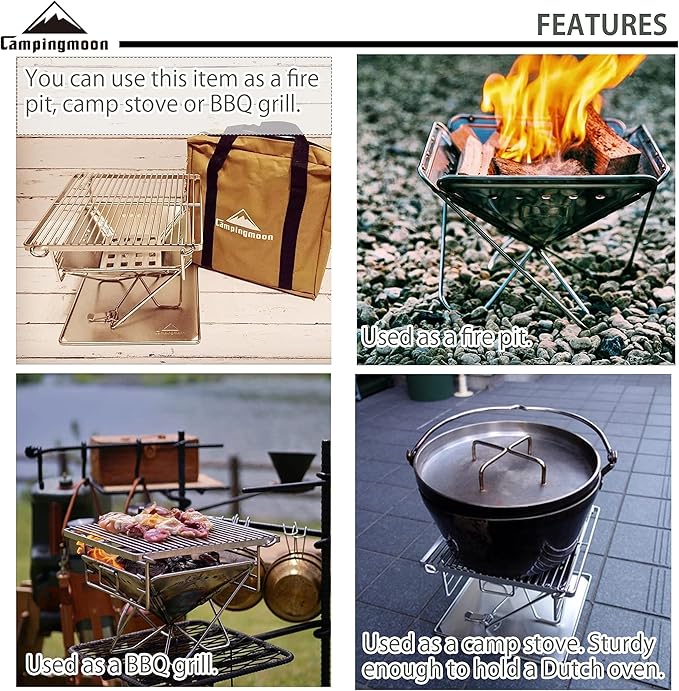 CAMPINGMOON Tabletop Small Charcoal Grill Mini Portable Fire Pit 9.65-inch Stainless Steel with Carrying Bag X-MINI-PRO