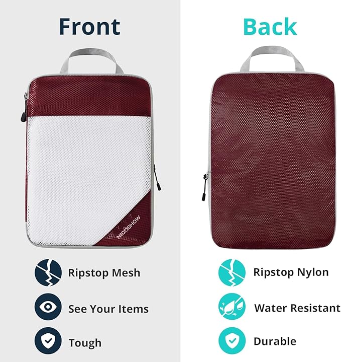 9 Set Compression Packing Cubes for Travel - Compressible, Lightweight, and Space-Saving Packing Cubes, Travel Essentials for Women, Wine