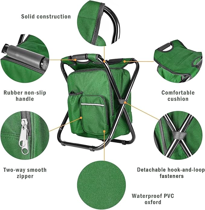 Kikerike Portable Stool Backpack Cooler Chair 400 LBS Max Load Folding Fishing Cooler Backpack Stool for Outdoors Hiking Beach Travel - Army Green