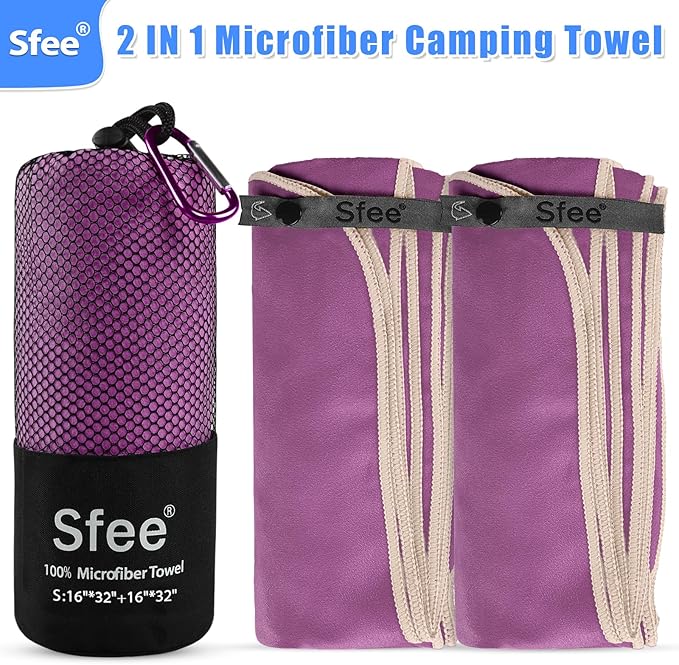 Sfee 2 Pack Microfiber Travel Towel, Quick Dry Towel Camping Beach Towel Super Absorbent Compact Lightweight Sports Gym Towels Set for Beach, Gym, Hiking, Pool, Backpacking, Bath, Yoga