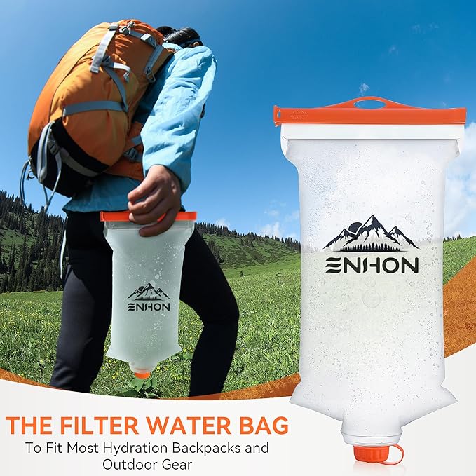 Enhon 2L Water Bag for Hiking Compatible with 28mm Sawyer Water Filter, Durable TPU Material Collapsible Bladder for Camping Fishing or Traveling, PVC Free Squeeze Pouch