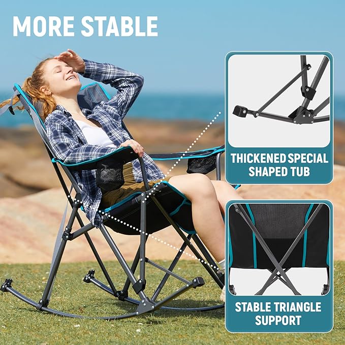 FUNDANGO Rocking Camping Chair, 2 Pack High Mesh Back Portable Folding Camp Chairs with Pillows, Cup Holder and Carry Bag for Lawn Patio Garden Outdoor Supports 300 Lbs (Black/Blue)