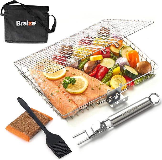 Stainless Steel Large Grill Basket with Removable Handle – 12.25 x 9.5 x 1.5 Inch BBQ Vegetable Basket with Easy Open Lid, Silicone Basting Brush & Scrub Sponge – Outdoor Cooking & Camping Accessory
