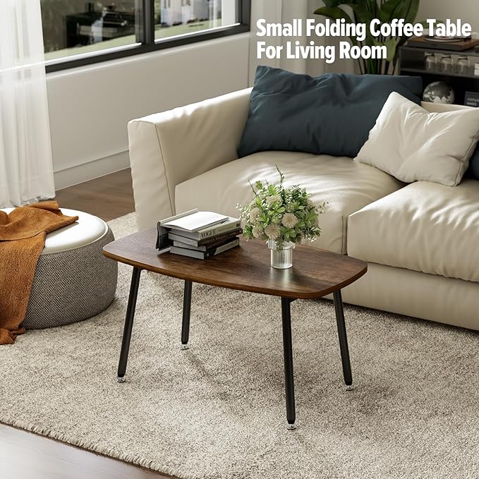 WOHOMO Folding Coffee Table Rustic Small Coffee Tables for Living Room Farmhouse Portable Table for Small Spaces Rectangular Mid Century Coffee Table, No Assembly 31.5 * 15.7 * 17.7IN, Walnut