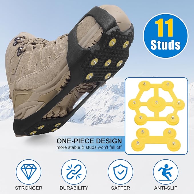 Ice Cleats Snow Traction Crampons for Shoes and Boots,11-Stud Ice Cleats Walking Traction Grips Anti-Slip Ice Snow Grippers Over Shoe for Women Men Walking on Snow and Ice