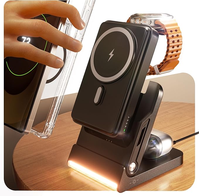 Foldable Charging Station for Samsung,5 in 1 Magnetic Wireless Charger 10000mAh Detachable Portable Power Bank Nightstand Compatible for Galaxy S25 Edge/Z Fold/Flip 7/S25/S24/S23,Galaxy Watch8,Bud