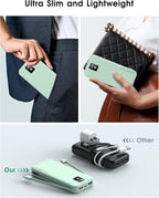 Portable Power Bank, 12000mAh 22.5W Fast Charging Phone Charger with Built-in Cables & Wall Plug, Travel Essential Battery Pack with LED Display, USB C Battery Charging Bank for iPhone, Samsung Green