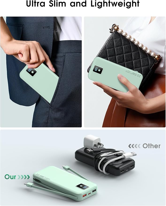 Portable Power Bank, 12000mAh 22.5W Fast Charging Phone Charger with Built-in Cables & Wall Plug, Travel Essential Battery Pack with LED Display, USB C Battery Charging Bank for iPhone, Samsung Green
